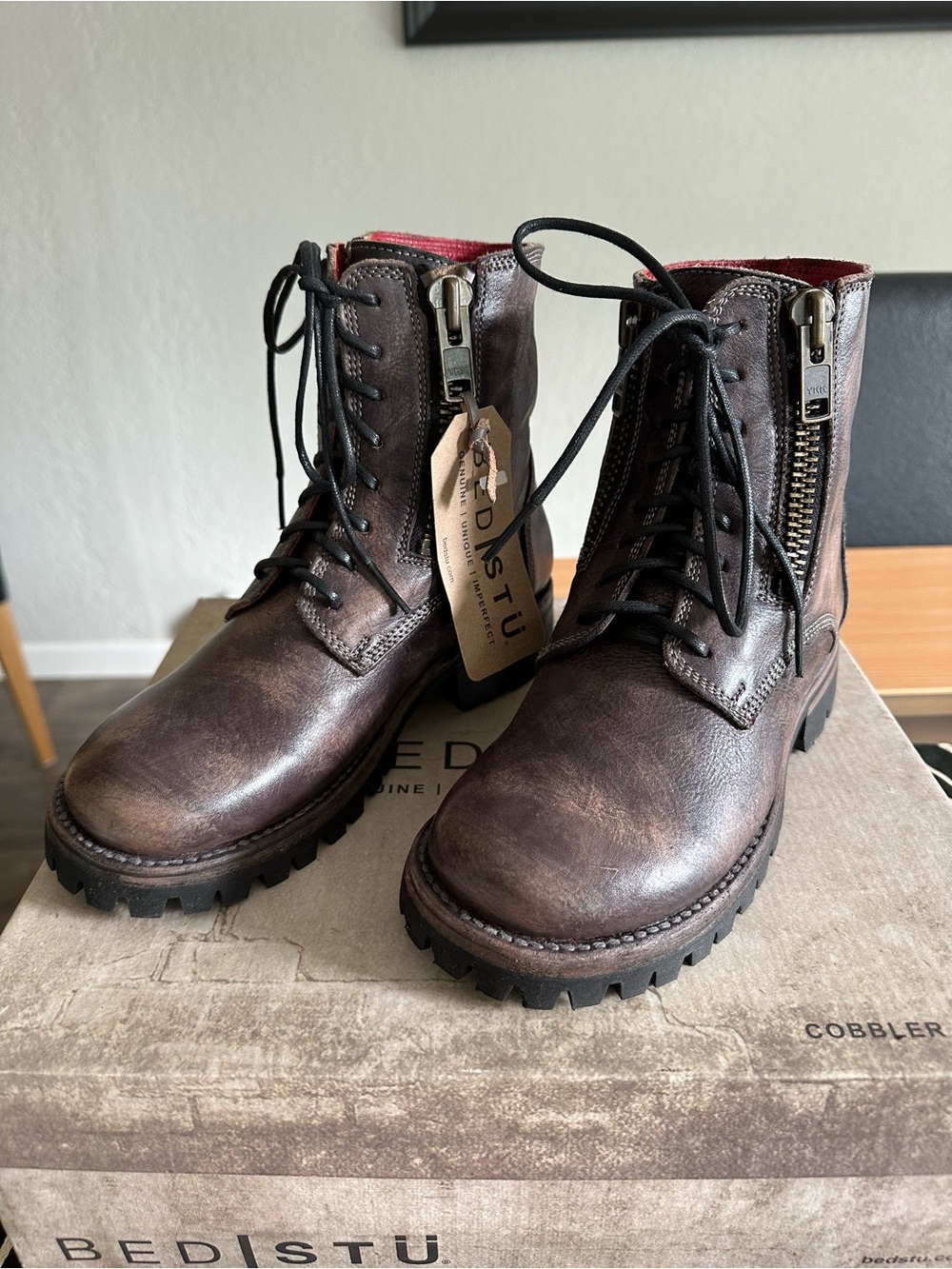 Bed Stu Brown Leather Combat Boots with Side Zipper